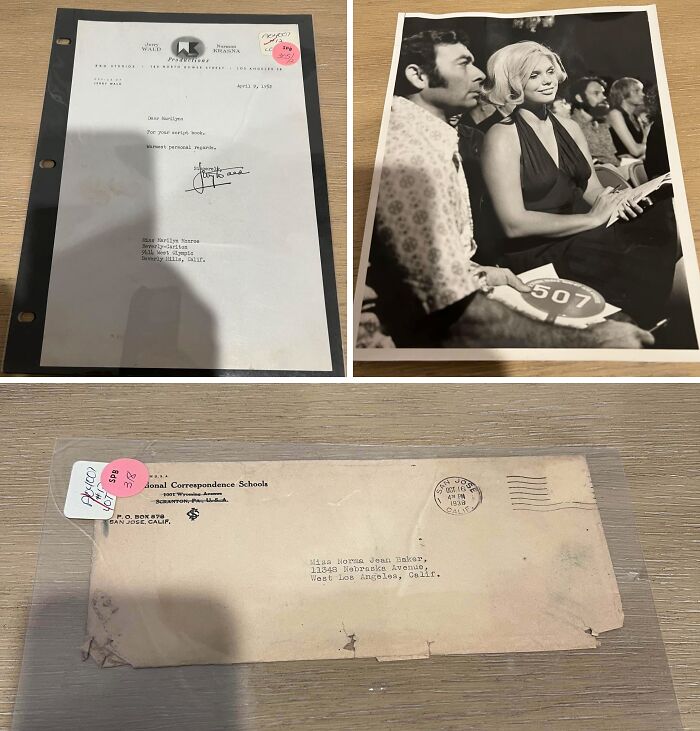 Three images showcasing unusual possessions: a formal letter, a black and white photo of an auction, and an old envelope addressed to Norma Jean Baker.