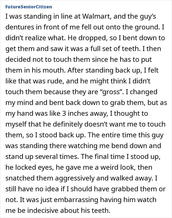 A text post titled FutureSeniorCitizen recounts an embarrassing moment involving a stranger's dentures at Walmart.