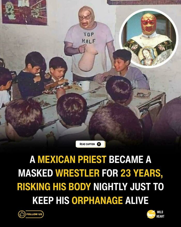 Uplifting post of a Mexican priest, a masked wrestler, helping orphans, providing a much-needed break from everything.