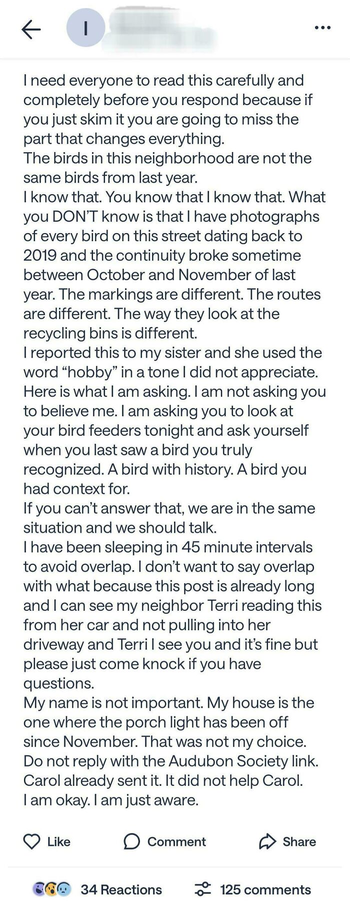 A hilarious and wild screenshot from a neighborhood online community post about a person's intense concern for bird watching and neighborhood birds.