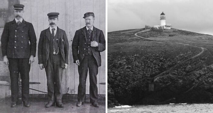 Three old-time men in uniform beside a remote lighthouse on rocky terrain, illustrating mysterious events and urban myths.
