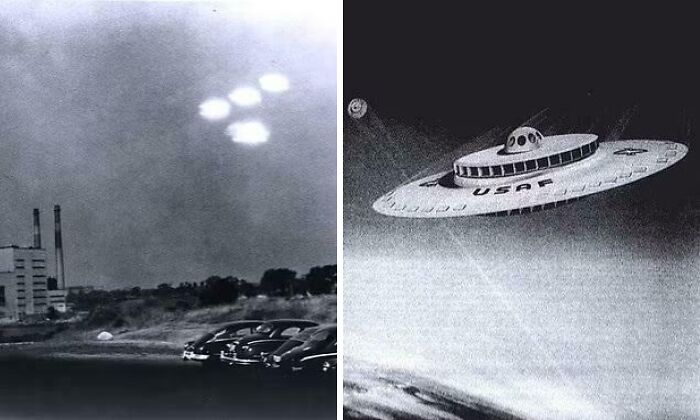 Black and white images showing mysterious glowing UFO lights over cars and a fictional USAF flying saucer in the sky.