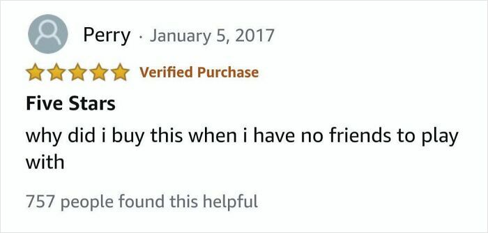 Verified five-star Amazon review humorously questioning purchase of eyeliner with no friends to play with.