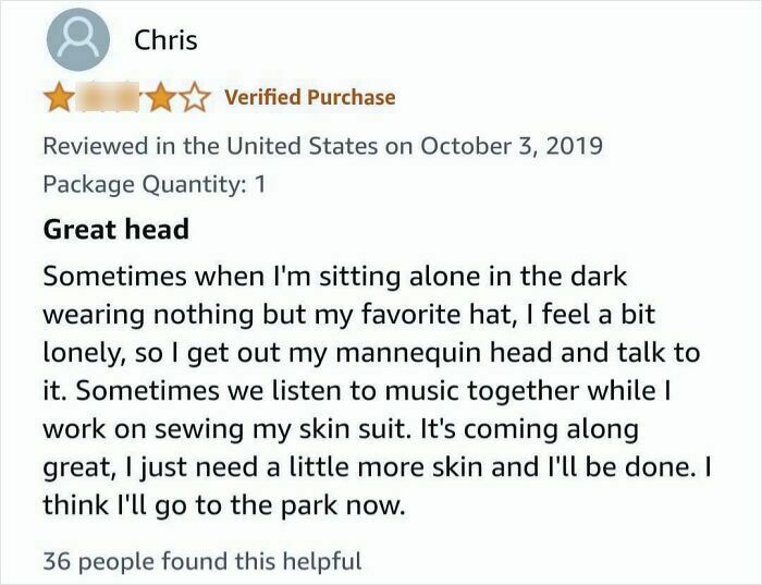 Funny Amazon review titled Great head, detailing a quirky story about talking to a mannequin head while sewing a skin suit.