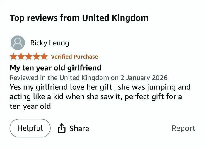 Verified Amazon review from the United Kingdom praising a gift, featuring a 5-star rating and positive customer feedback.