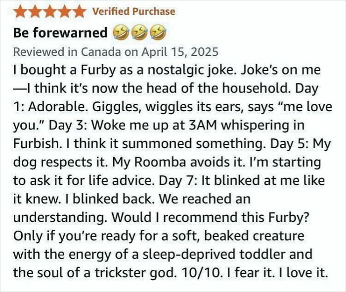 Funny Amazon review excerpt with 5-star rating praising a Furby’s quirky and entertaining behavior.