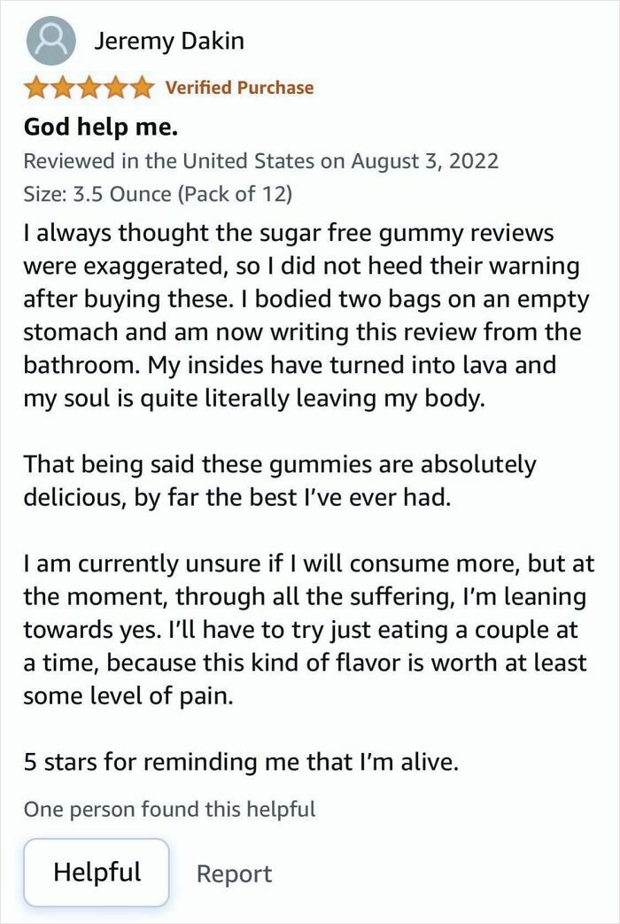 Amazon review praising sugar free gummies as delicious and worth the pain with 5 stars and verified purchase status.