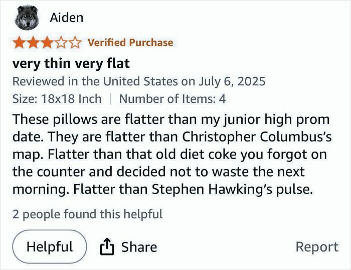 Amazon review screenshot with a humorous comment about very flat pillows, related to funny Amazon reviews.