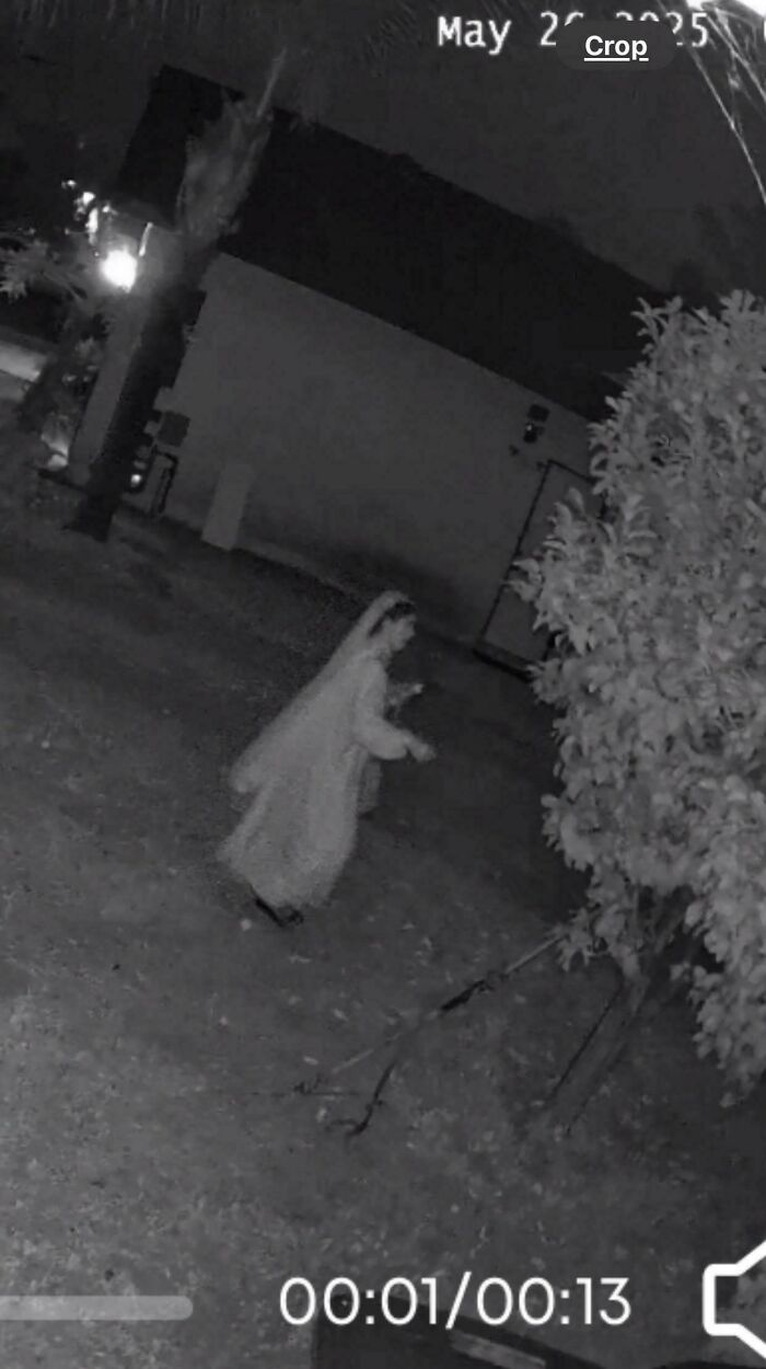 Creepy image of a person in a white flowing garment, possibly a ghost or a "Hair Of Kids I Babysit" scare, caught on camera.
