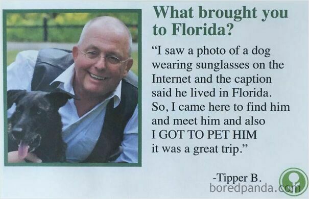A wholesome post: a man smiles with his black dog, next to text about traveling to Florida to pet a dog.