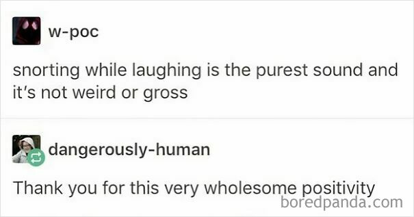 A meme showing wholesome posts about snorting while laughing, shared on Bored Panda. A different side of the internet.