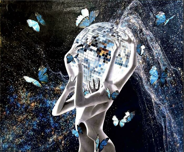 An artistic handmade project of a person with a disco ball head and blue butterflies, showing talent and magic.