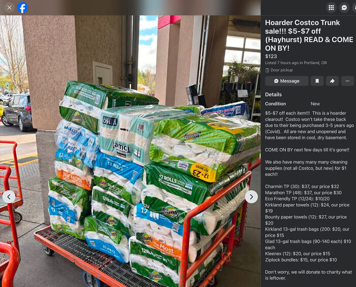 A hoarder Costco trunk sale advertisement for paper products and cleaning supplies, revealing the impact of consumerism.