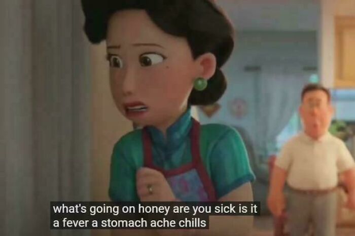 A scene from an animated movie with a worried mother, featuring hilarious nonsensical movie details.