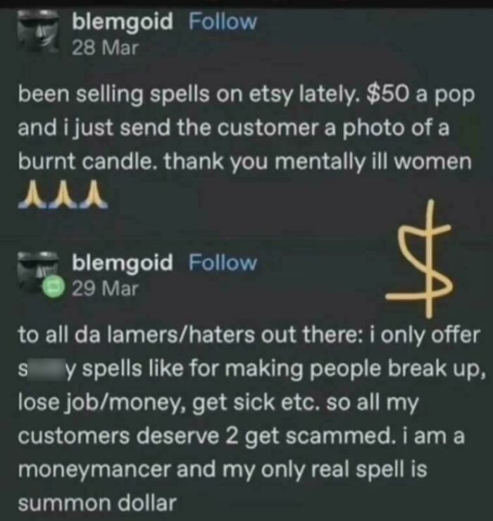 A social media post about selling fake spells on Etsy for money, illustrating a chaotic good situation.