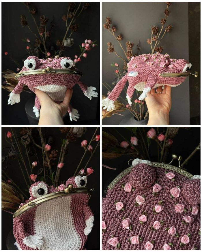 A collage of four images showing a unique pink crochet frog-shaped purse with small rose details, as a handmade project.