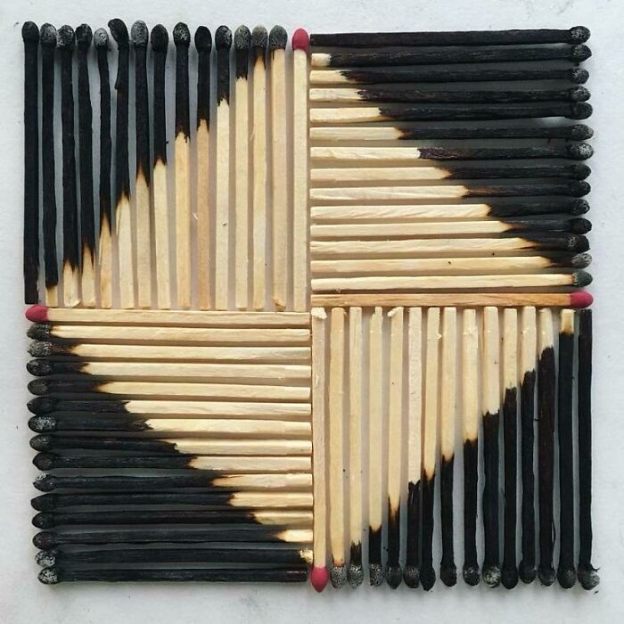 A satisfying picture of matches arranged in a square, some burned black, forming a gradual pattern. A gentle reset button for your day.