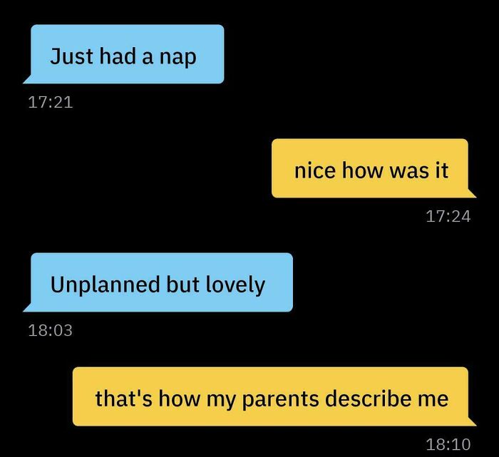 A funny text exchange about an unplanned nap described as lovely, followed by an unexpected comeback. Laugh today with funny text exchanges.