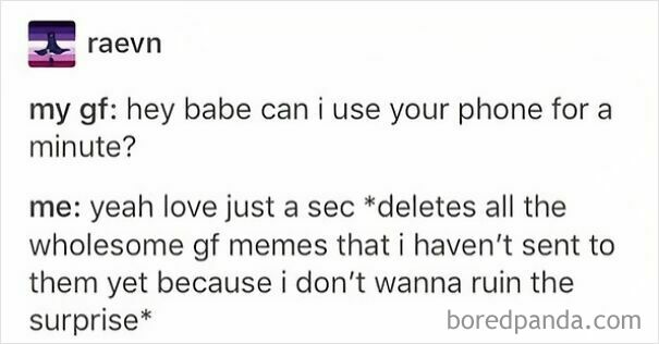 A funny text exchange about deleting wholesome gf memes, showcasing a different side of the internet.