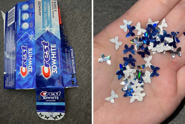 A Crest toothpaste box is cut into butterfly shapes, showing creative people turning trash into useful art.