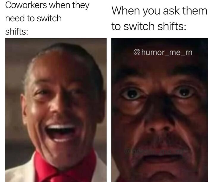 Side-by-side healthcare meme showing coworkers happy to switch shifts versus shocked when asked to switch shifts.
