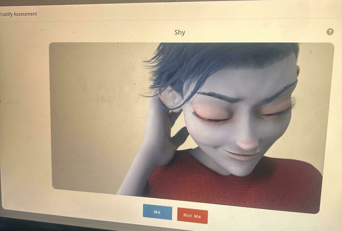 A screen displaying a Traitify assessment with an animated character labeled Shy, part of a new job application.