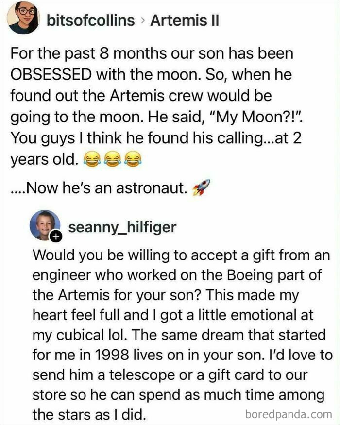 Social media post sharing a heartwarming story about a child's moon obsession inspiring positivity and dreams of space exploration.