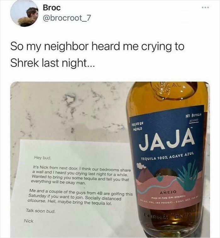 Handwritten note from neighbor offering tequila and support, sharing heartwarming posts for positivity and kindness.