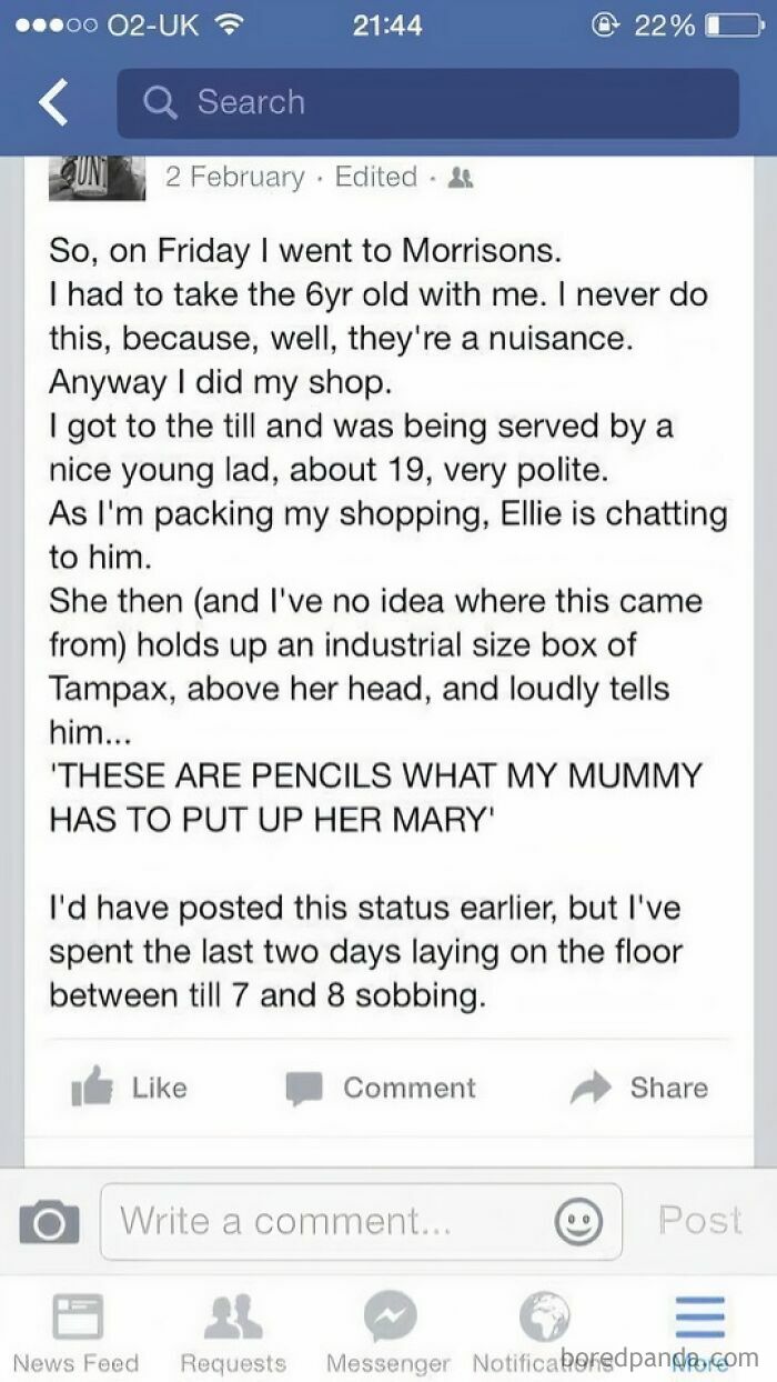 A Facebook post with a British meme story about a 6-year-old in Morrisons with Tampax, perfect for laughs.