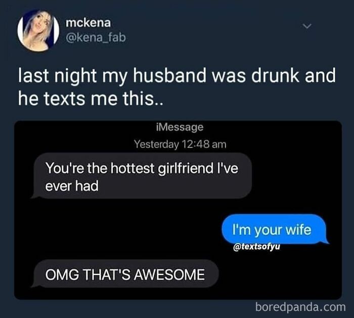 Text message exchange showing a husband’s drunk text compliment, adding a heartwarming moment of positivity.