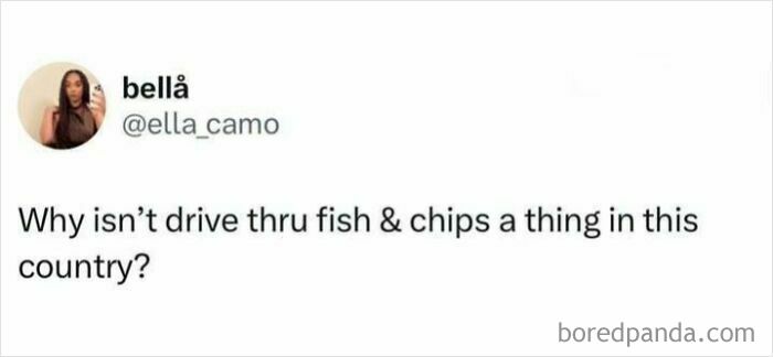 A British meme: Twitter user @ella_camo asks, "Why isn't drive thru fish & chips a thing in this country?"