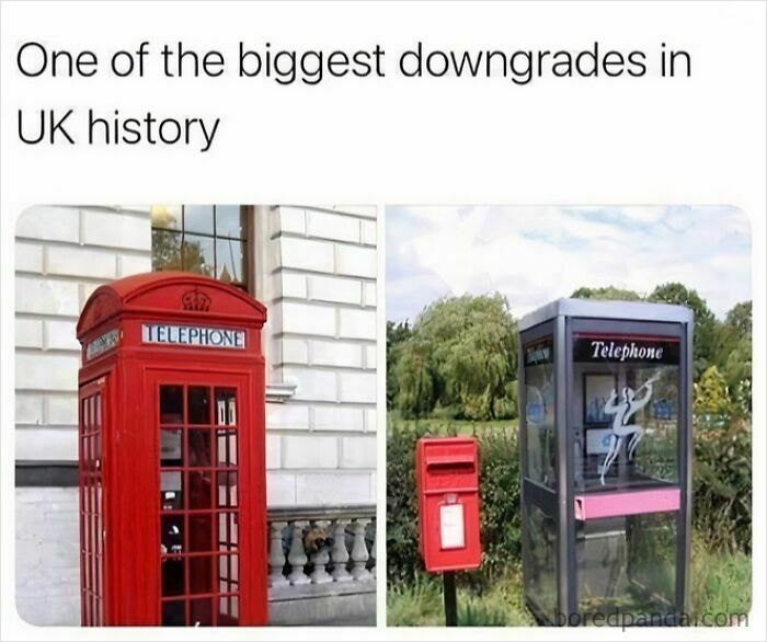 Classic red British telephone box next to a modern grey one, highlighting British memes about downgrades.