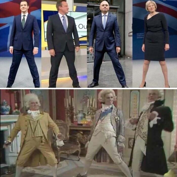 A funny British meme comparing politicians in wide stances to men in period costumes, bringing laughs worldwide.