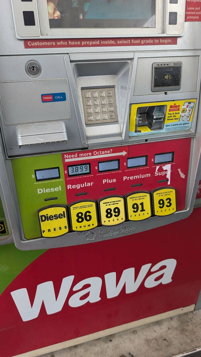 A Wawa gas pump displaying different fuel prices and octanes, showing a chaotic good post.