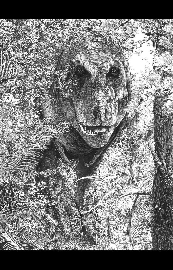 A creepy, detailed ink drawing of a T-Rex in a dense jungle, evoking a sense of risk and impending danger.