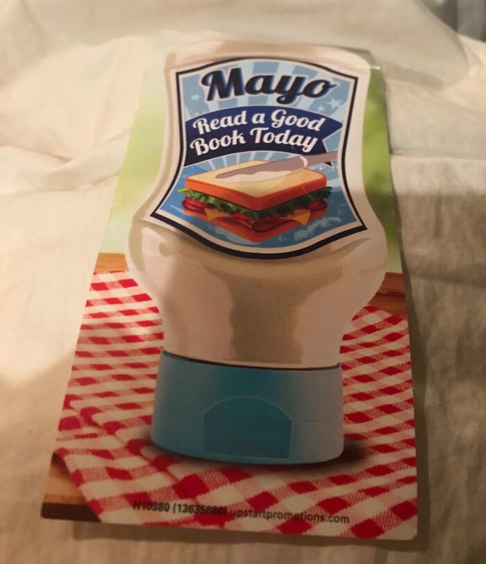 Mayo bottle label with a sandwich image and incorrect text saying Read a Good Book Today, illustrating design without common sense.