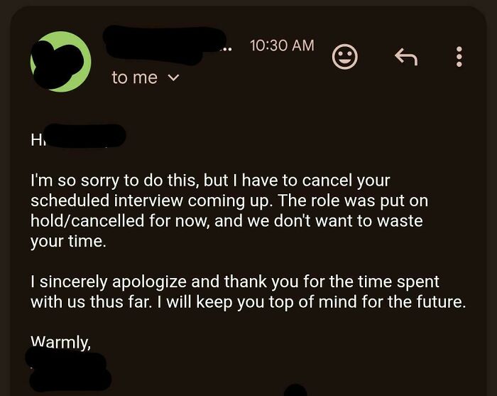 A screenshot of an email showing a job interview cancellation, highlighting recruiting hell for a new job.