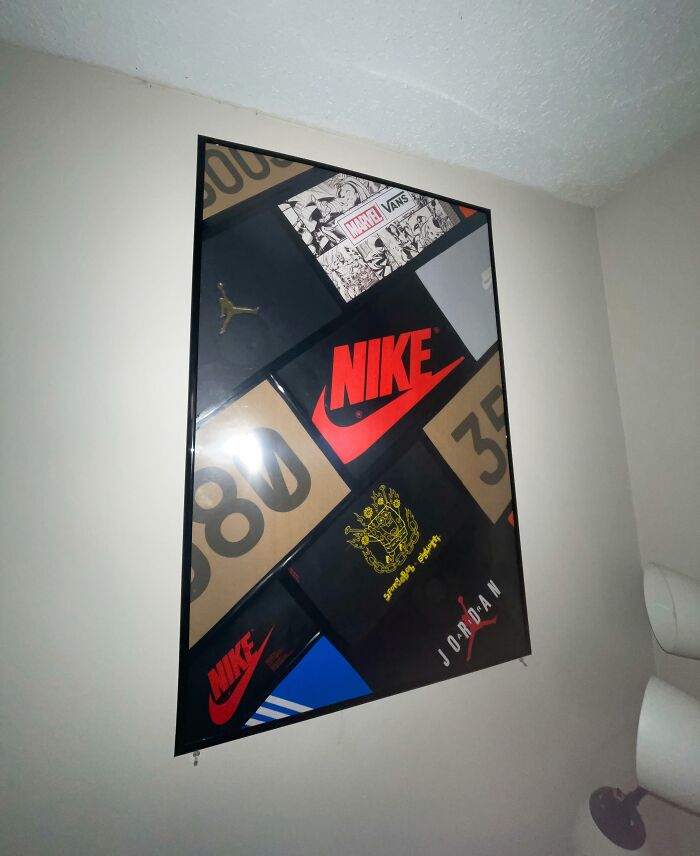 Creative people turned shoe boxes into wall art, featuring Nike, Jordan, Marvel, and Vans logos.