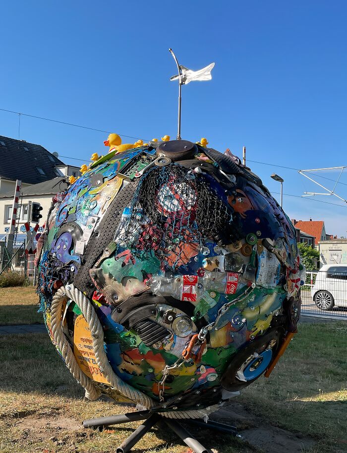 An artistic sphere made from trash and found objects, demonstrating how creative people turn trash into something artistic.