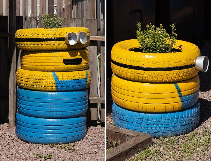 Creative people turned trash into a Minion planter from old tires, surprisingly useful and artistic.