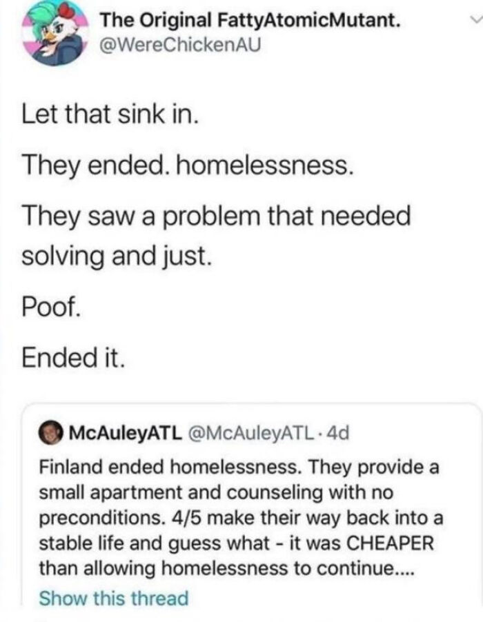 A tweet thread discussing how Finland ended homelessness. It emphasizes the concept of being unable to afford billionaires.