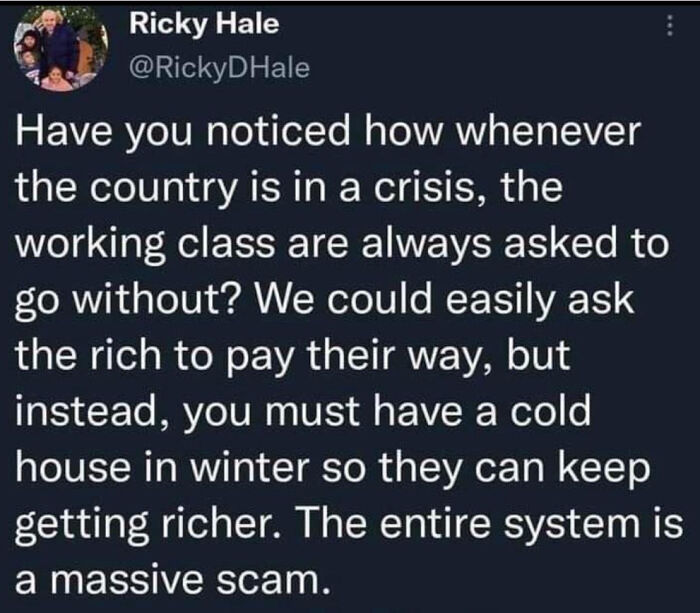 A tweet from Ricky Hale about the working class always sacrificing during crises, linking to the billionaires discussion.