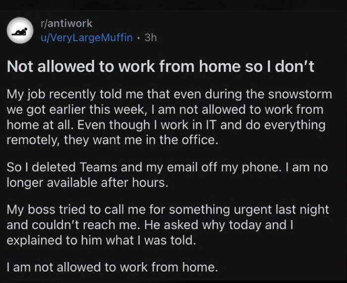A Reddit post about an employee not working from home, reflecting an antiwork sentiment among those ready to retire.