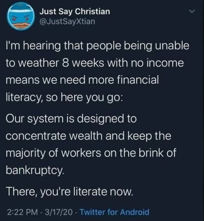 A tweet discussing financial literacy and systemic wealth concentration, arguing against billionaires and for people to retire.