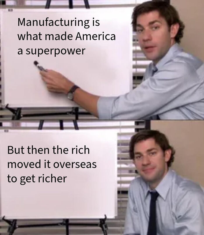 A man presenting a whiteboard meme, explaining manufacturing's shift overseas, expressing frustration about billionaires.