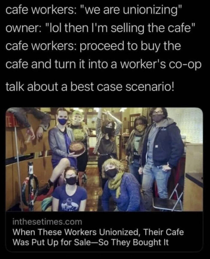 A group of masked cafe workers, showing their unified front against unaffordable billionaires and their commitment to worker's rights.