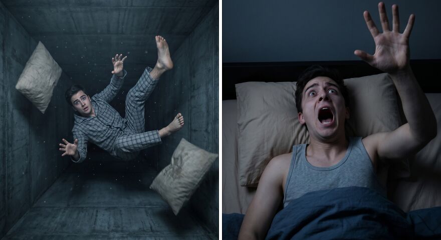 Man falling in a void and waking up screaming, depicting bizarre human body quirks like sleep jerks.