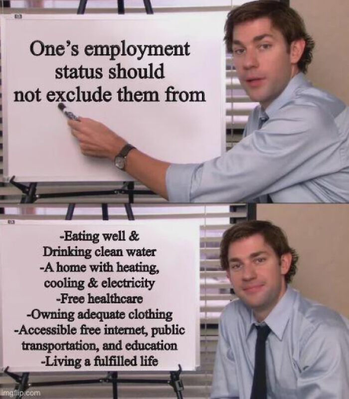Jim Halpert meme pointing to a whiteboard listing rights like healthcare and housing, highlighting issues with billionaires and readiness to retire.