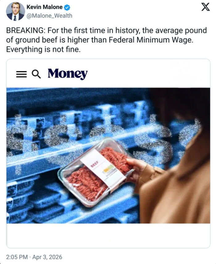 A tweet from Kevin Malone Wealth, featuring an image of a person holding a package of ground beef in a grocery store, highlighting financial hardship and the problem of Billionaires.