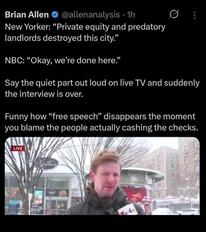 A tweet about a TV interview ending abruptly after a guest criticizes predatory landlords, with the main keyword billionaires.